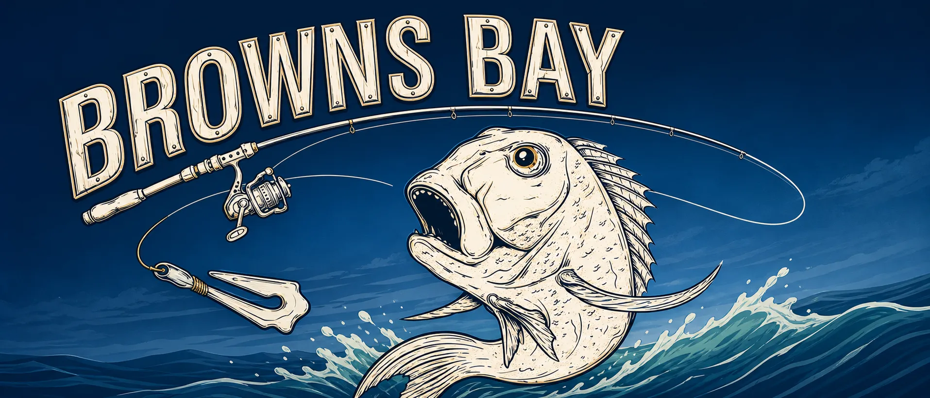 Browns Bay Fishing Club banner - a hooked snapper leaping from a deep blue sea beneath a bent rod and reel