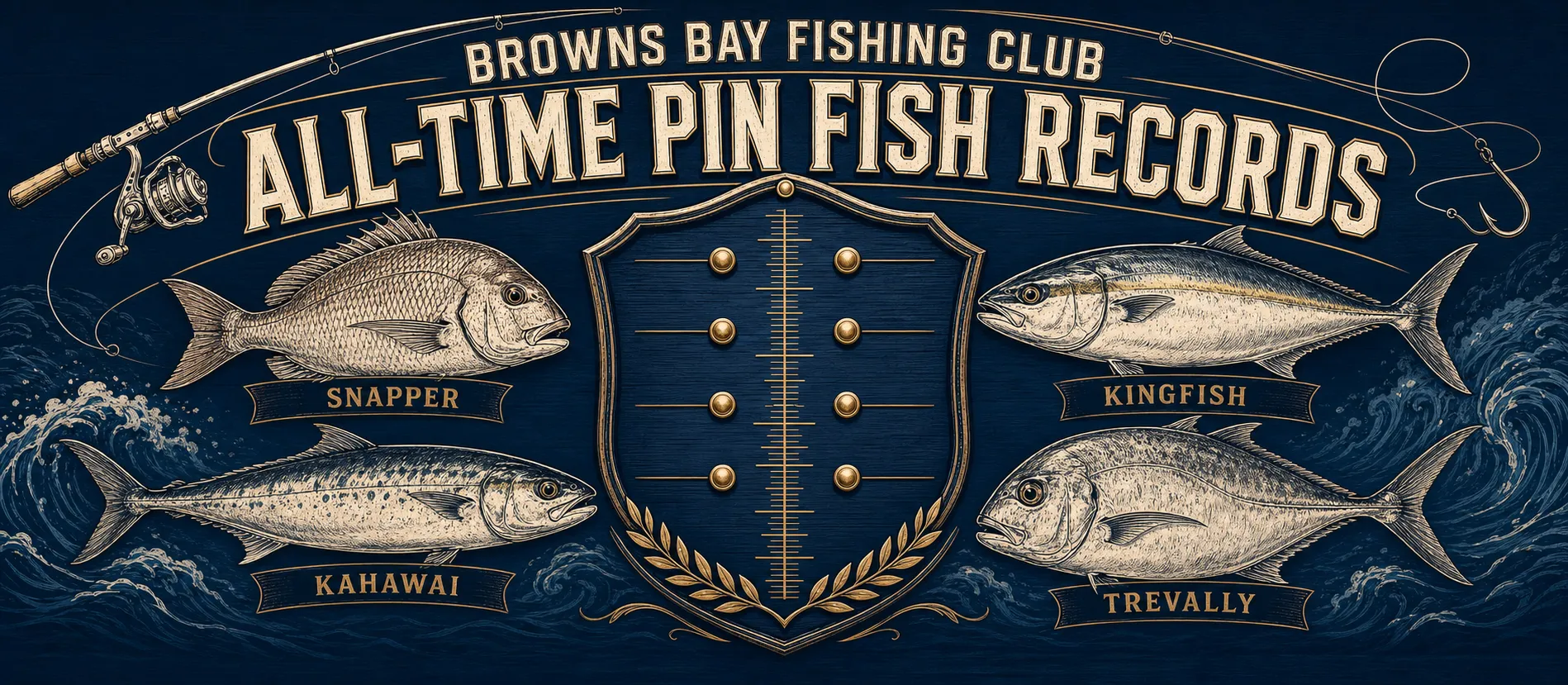 Browns Bay Fishing Club all-time pin fish records banner - snapper, kingfish, kahawai and trevally around a measuring shield